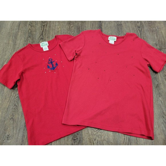 Quacker Factory Red Short Sleeve Anchor Rhinestone Shirts Blouses Small Lot of 2 - Picture 1 of 7